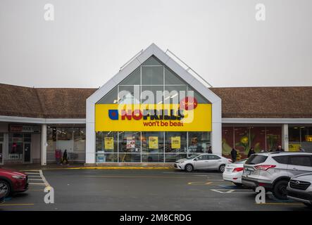 NOFRILLS Store front. Canadian discount supermarket store owned by Loblaw for variety of grocery, bakery, dairy, sea foods. HALIFAX, CANADA - JAN 2023 Stock Photo