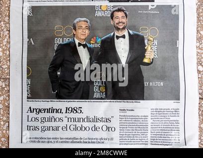 Argentine newspaper report on the Golden Globe  award to Argentina 1985 as best foreign-language film of 2022 Stock Photo