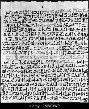 Ebers Papyrus. Sample of the Ebers Papyrus, dating back from about 1500 B.C., and one of the earliest surviving documents from Egypt. The Papyrus contains prescriptions written in hieroglyphics for over seven hundred remedies. Among the oldest and most important medical papyri of Ancient Egypt, it was purchased at Luxor in the winter of 1873–1874 by the German Egyptologist Georg Ebers. Stock Photo