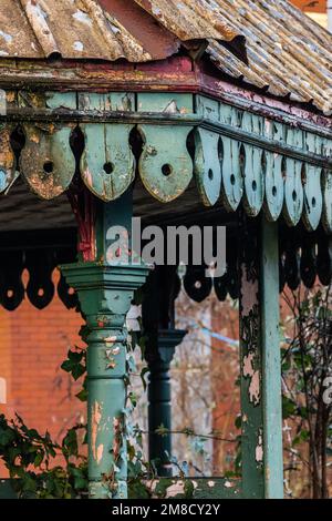 Whitchurch Mental Hospital, abandoned Grade II listed building left to decay. Edwardian pagoda architectural features. Stock Photo