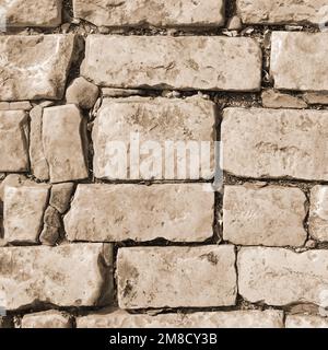 Obsolete Wall. Graphic Bricklaying Construction. Square Sepia Background Photo. Grunge Aged Rustic Vintage Brickwork Aging Damaged Weathered Surface. Stock Photo