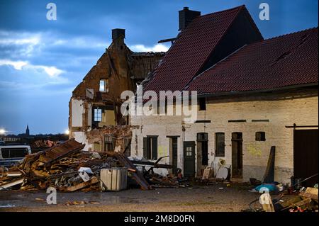 Erkelenz, Germany. 13th Jan, 2023. A partly already demolished former farm. Credit: Henning Kaiser/dpa/Alamy Live News Stock Photo