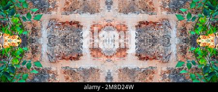 Wide Brick Pattern. Symmetrical Photo Background of Old Vintage Stonewall. Geometrical stone pattern and Plants. Abstract Background Stock Photo