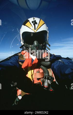 pilot wearing helmet and oxygen-mask in the cockpit of a USAF 334th Sqn ...