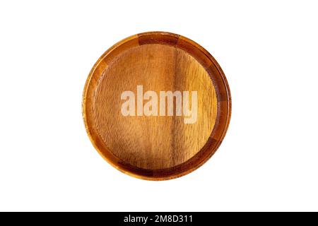 Top view of empty brown round wooden bowl isolated on white background close up. Stock Photo