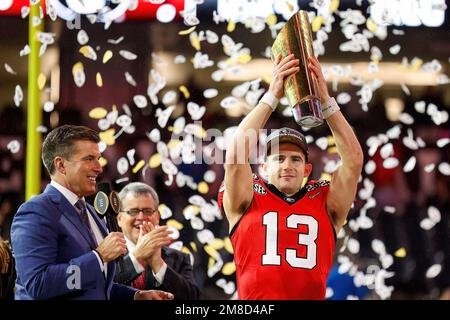 Inglewood, CA. 9th Jan, 2023. Georgia Bulldogs quarterback Stetson Bennett (13) is interviewed by Rece Davis after winning the College Football Playoff National Championship game between the TCU Horned Frogs and the Georgia Bulldogs on January 9, 2023 at SoFi Stadium in Inglewood, CA. (Mandatory Credit: Freddie Beckwith/MarinMedia.org/Cal Sport Media) (Absolute Complete photographer, and credits required).Television, or For-Profit magazines Contact MarinMedia directly. Credit: csm/Alamy Live News Stock Photo