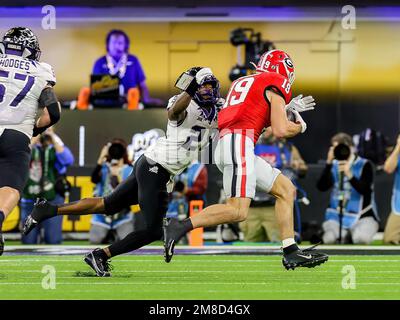 Inglewood, CA. 9th Jan, 2023. TCU Horned Frogs safety Millard Bradford (28) tackles Georgia Bulldogs tight end Brock Bowers (19) during the College Football Playoff National Championship game between the TCU Horned Frogs and the Georgia Bulldogs on January 9, 2023 at SoFi Stadium in Inglewood, CA. (Mandatory Credit: Freddie Beckwith/MarinMedia.org/Cal Sport Media) (Absolute Complete photographer, and credits required).Television, or For-Profit magazines Contact MarinMedia directly. Credit: csm/Alamy Live News Stock Photo