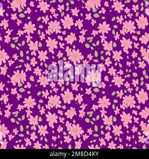 Many pink flowers on purple, seamless pattern design, repeating background for web and print Stock Photo