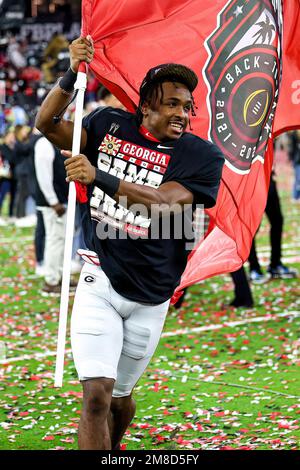 Inglewood, CA. 9th Jan, 2023. A Georgia player celebrates the victory after the College Football Playoff National Championship game between the TCU Horned Frogs and the Georgia Bulldogs on January 9, 2023 at SoFi Stadium in Inglewood, CA. (Mandatory Credit: Freddie Beckwith/MarinMedia.org/Cal Sport Media) (Absolute Complete photographer, and credits required).Television, or For-Profit magazines Contact MarinMedia directly. Credit: csm/Alamy Live News Stock Photo