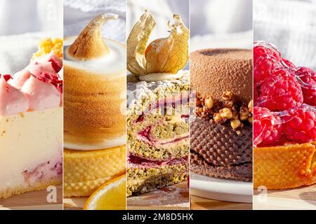 Different sweet desserts (lemon, chocolate and raspberry tarts, meringue roulade and Pavlova cake) close up as a food collage. Stock Photo