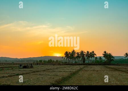 Beautiful sunset with the light that is reflected on the field. Stock Photo