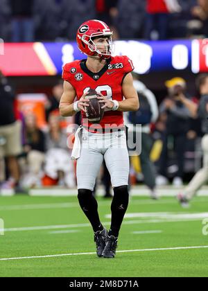 Inglewood, CA. 9th Jan, 2023. Georgia Bulldogs quarterback Stetson Bennett (13) warms up before the College Football Playoff National Championship game between the TCU Horned Frogs and the Georgia Bulldogs on January 9, 2023 at SoFi Stadium in Inglewood, CA. (Mandatory Credit: Freddie Beckwith/MarinMedia.org/Cal Sport Media) (Absolute Complete photographer, and credits required).Television, or For-Profit magazines Contact MarinMedia directly. Credit: csm/Alamy Live News Stock Photo