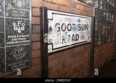 Goodison Road sign during the Everton fan’s protest at Goodison Park, Liverpool, United Kingdom, 13th January 2023  (Photo by Phil Bryan/Alamy Live News) Stock Photo