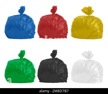 Garbage bags of different colors for separate collection. Stock Photo