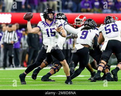 Inglewood, CA. 9th Jan, 2023. TCU Horned Frogs quarterback Max Duggan (15) throws a pass during the College Football Playoff National Championship game between the TCU Horned Frogs and the Georgia Bulldogs on January 9, 2023 at SoFi Stadium in Inglewood, CA. (Mandatory Credit: Freddie Beckwith/MarinMedia.org/Cal Sport Media) (Absolute Complete photographer, and credits required).Television, or For-Profit magazines Contact MarinMedia directly. Credit: csm/Alamy Live News Stock Photo
