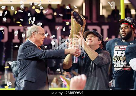 Inglewood, CA. 9th Jan, 2023. Georgia Bulldogs head coach Kirby Smart accepts the trophy after winning the College Football Playoff National Championship game between the TCU Horned Frogs and the Georgia Bulldogs on January 9, 2023 at SoFi Stadium in Inglewood, CA. (Mandatory Credit: Freddie Beckwith/MarinMedia.org/Cal Sport Media) (Absolute Complete photographer, and credits required).Television, or For-Profit magazines Contact MarinMedia directly. Credit: csm/Alamy Live News Stock Photo