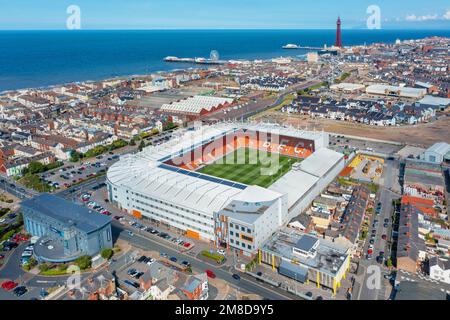 Blackpool, Lancashire. United Kingdom 08.27.2022 Blackpool Football Club, Bloomfield Road Stadium. Aerial Image. 27th August 2022. Stock Photo