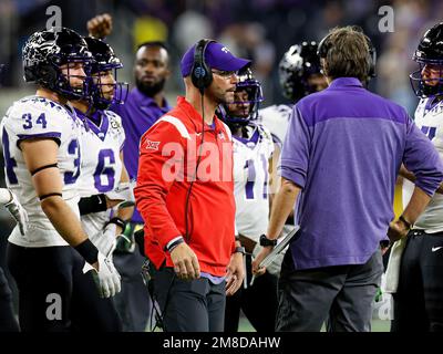 Inglewood, CA. 9th Jan, 2023. TCU Defensive coordinator Joe Gillespie watches the action during the College Football Playoff National Championship game between the TCU Horned Frogs and the Georgia Bulldogs on January 9, 2023 at SoFi Stadium in Inglewood, CA. (Mandatory Credit: Freddie Beckwith/MarinMedia.org/Cal Sport Media) (Absolute Complete photographer, and credits required).Television, or For-Profit magazines Contact MarinMedia directly. Credit: csm/Alamy Live News Stock Photo