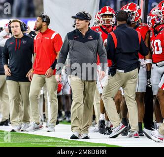 Inglewood, CA. 9th Jan, 2023. Georgia Bulldogs head coach Kirby Smart stalks the sideline during the College Football Playoff National Championship game between the TCU Horned Frogs and the Georgia Bulldogs on January 9, 2023 at SoFi Stadium in Inglewood, CA. (Mandatory Credit: Freddie Beckwith/MarinMedia.org/Cal Sport Media) (Absolute Complete photographer, and credits required).Television, or For-Profit magazines Contact MarinMedia directly. Credit: csm/Alamy Live News Stock Photo