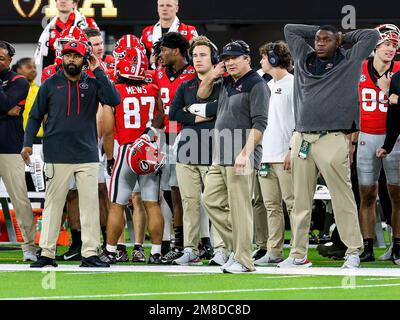 Inglewood, CA. 9th Jan, 2023. Georgia Bulldogs head coach Kirby Smart stalks the sideline during the College Football Playoff National Championship game between the TCU Horned Frogs and the Georgia Bulldogs on January 9, 2023 at SoFi Stadium in Inglewood, CA. (Mandatory Credit: Freddie Beckwith/MarinMedia.org/Cal Sport Media) (Absolute Complete photographer, and credits required).Television, or For-Profit magazines Contact MarinMedia directly. Credit: csm/Alamy Live News Stock Photo