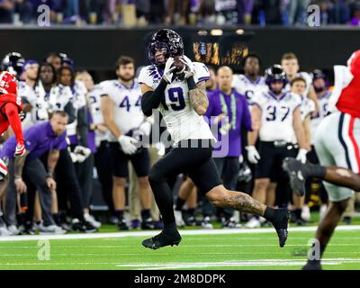 Inglewood, CA. 9th Jan, 2023. TCU Horned Frogs tight end Jared Wiley (19) catches a pass during the College Football Playoff National Championship game between the TCU Horned Frogs and the Georgia Bulldogs on January 9, 2023 at SoFi Stadium in Inglewood, CA. (Mandatory Credit: Freddie Beckwith/MarinMedia.org/Cal Sport Media) (Absolute Complete photographer, and credits required).Television, or For-Profit magazines Contact MarinMedia directly. Credit: csm/Alamy Live News Stock Photo