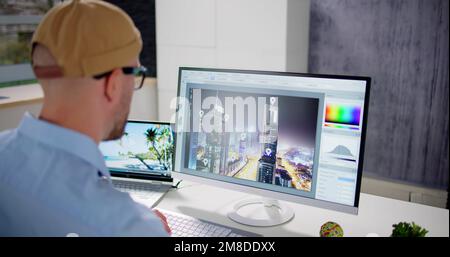 Editing Photo Design For Web On Desktop Computer Screen Stock Photo