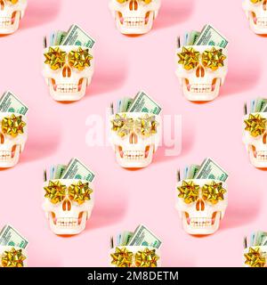 Human skeleton skull with American dollars repeat seamless pattern on light pink background. Stock Photo