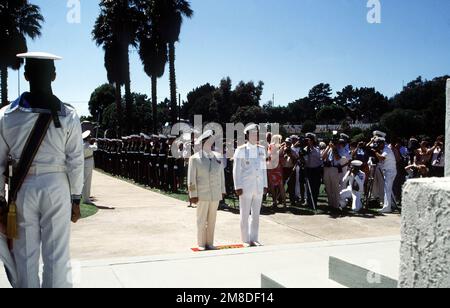 Admiral (ADM) Gennadiy Khvatov, left, Commander of the Soviet Pacific Fleet, and ADM Charles R. Larson, right, Commander in CHIEF, United States (US) Pacific Fleet, stand at the foot of a monument at Fort Rosecrans National Cemetery during a wreath-laying ceremony held in honor of those who served in World War II. Three ships of the Soviet Pacific Fleet are in San Diego for a five-day goodwill visit. Base: San Diego State: California (CA) Country: United States Of America (USA) Stock Photo