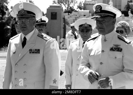 VADM John H. Fetterman Jr., right, commander, Naval Air Forces, U.S. Pacific Fleet, stands beside a Soviet vice admiral following a wreath-laying ceremony at Fort Rosecrans National Cemetery. Three ships of the Soviet Pacific Fleet are in San Diego for a five-day goodwill visit. Base: San Diego State: California (CA) Country: United States Of America (USA) Stock Photo