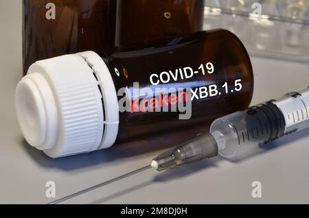 Syringe with Covid-19 vaccine against the Kraken Variant. Fight against virus Covid-19 Coronavirus, Vaccination and immunization. Stock Photo