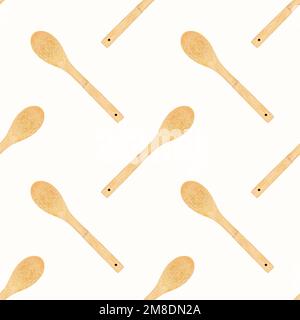 Wooden spoon for cooking repeat seamless pattern on white background. Stock Photo
