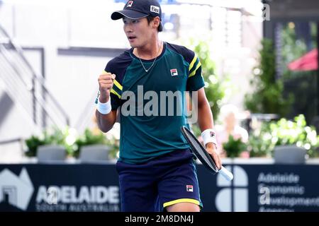 Adelaide, Australia, 13 January, 2023. Soonwoo Kwon of South Korea reacts on a point during the Adelaide International semi final tennis match between Jack Draper of Great Britain and Soonwoo Kwon of South Korea at Memorial Drive on January 13, 2023 in Adelaide, Australia. Credit: Peter Mundy/Speed Media/Alamy Live News Stock Photo