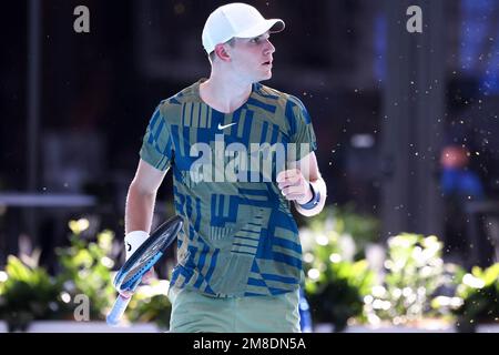 Adelaide, Australia, 13 January, 2023. Jack Draper of Great Britain reacts on a point during the Adelaide International semi final tennis match between Jack Draper of Great Britain and Soonwoo Kwon of South Korea at Memorial Drive on January 13, 2023 in Adelaide, Australia. Credit: Peter Mundy/Speed Media/Alamy Live News Stock Photo