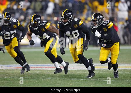 PITTSBURGH, PA - DECEMBER 11: Pittsburgh Steelers linebacker Jamir Jones  (48) smiles during the national football league game between the Baltimore  Ravens and the Pittsburgh Steelers on December 11, 2022 at Acrisure