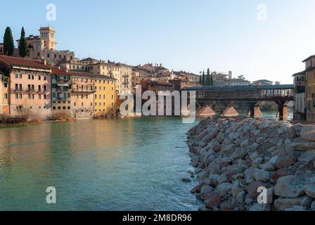 The Ponte Vecchio (Old bridge) is the covered wooden in Bassano del Grappa that spans the river Brenta designed by the architect Andrea Palladio in 15 Stock Photo