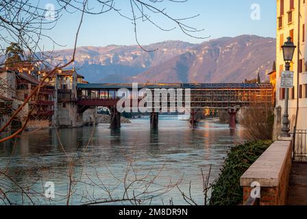 The Ponte Vecchio (Old bridge) is the covered wooden in Bassano del Grappa that spans the river Brenta designed by the architect Andrea Palladio in 15 Stock Photo