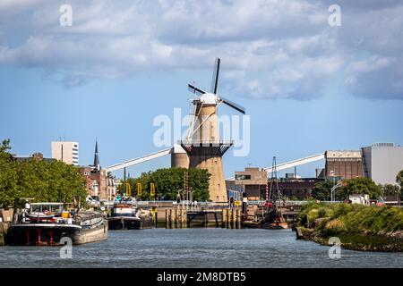 Schiedam, town near Rotterdam in South Holland, Netherlands, Europe, view from Nieuwe Maas river to Schie river canal bridge Koninginnebrug and the De Nolet windmill, used as wind turbine for Nolet Distillery Stock Photo