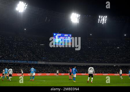Napoli, Italy. 13th Jan, 2023. Napoli fans shine their phones as the scoreboard reads 5-1 during the Serie A football match between SSC Napoli and Juventus FC at the Diego Armando Maradona stadium in Naples, Italy, on January 13, 2023. Photo Andrea Staccioli/Insidefoto Credit: Insidefoto di andrea staccioli/Alamy Live News Stock Photo