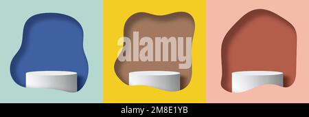Set of 3D realistic white podium platform stand with fluid shape frame foreground on minimal wall scene pastel background. Product display for cosmeti Stock Vector