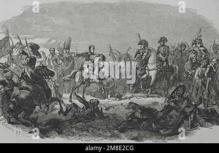 Battle of Austerlitz or Battle of the Three Emperors (2nd December 1805). Part of War of the Third Coalition (Napoleonic Wars). The French army of Napoleon I defeated the Russo-Austrian forces of Tsar Alexander I and the Austrian Emperor Francis I. Engraving by T. Williams aftter François Gerard. 'Los Héroes y las Grandezas de la Tierra'. Tomo VI. 1856. Stock Photo