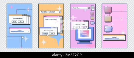Social media posters template with retro desktop computer interface with message frames, loading bars, buttons and folders. Old pc screen layouts, vec Stock Vector