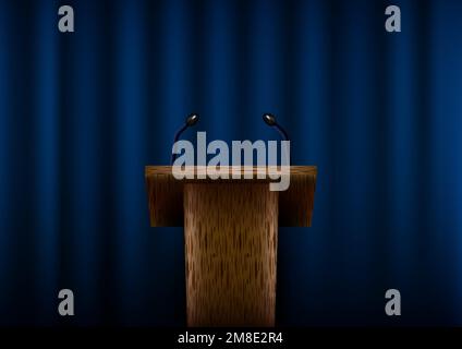 3D realistic empty wooden announcement lecture speech podium or pedestal stand with microphone on blue curtain background. Vector illustration Stock Vector