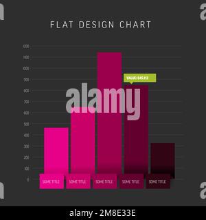 Vector flat design statistics vertical purple columns graph infographic template. pink folded papers as columns in simple graph template on dark gray Stock Vector