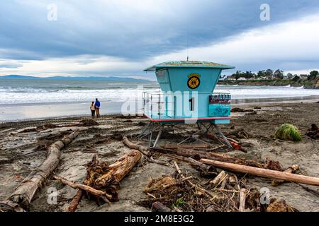 Driftwood storm debris are washed up on Main Cowell Beach Santa