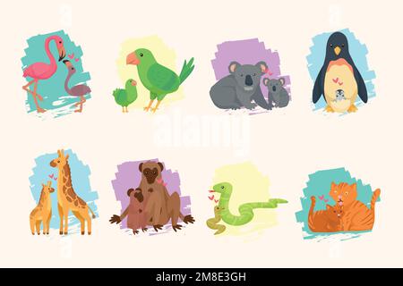 eight mothers and babies animals Stock Vector