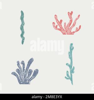 Coral printmaking vector cute design elements collection Stock Vector