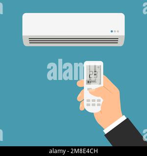 Male manager's hand holds air conditioner remote control and adjusts room temperature - vector with green background Stock Vector