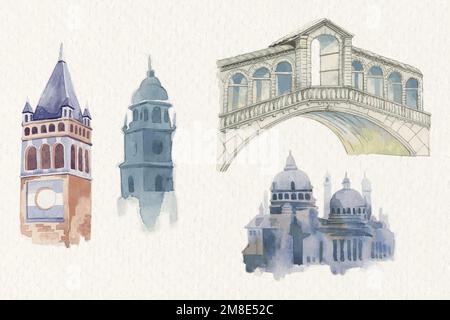 Vintage European architectural building vector watercolor set Stock Vector