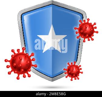 Flag of Somalia on Metal Shiny Shield Icon and Red Corona Virus Cells. Concept of Health Care and Safety Badge. Security Safeguard Metal Label with So Stock Vector