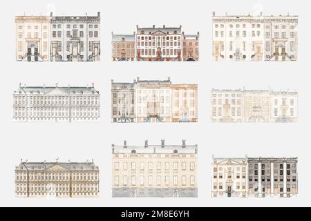 European old building vector hand drawn illustration set Stock Vector